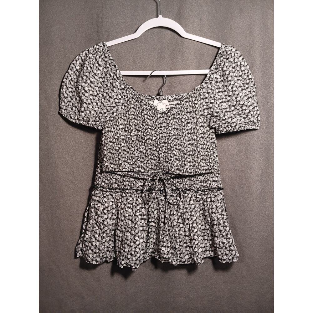 Japna XS Black White Floral Smocked Crop Top & Skirt Set 2‑Piece Short Sleeve
